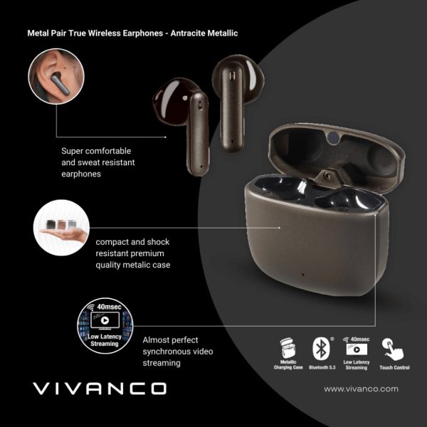Vivanco True Wireless Metallic Earpods | Anthracite | 62585